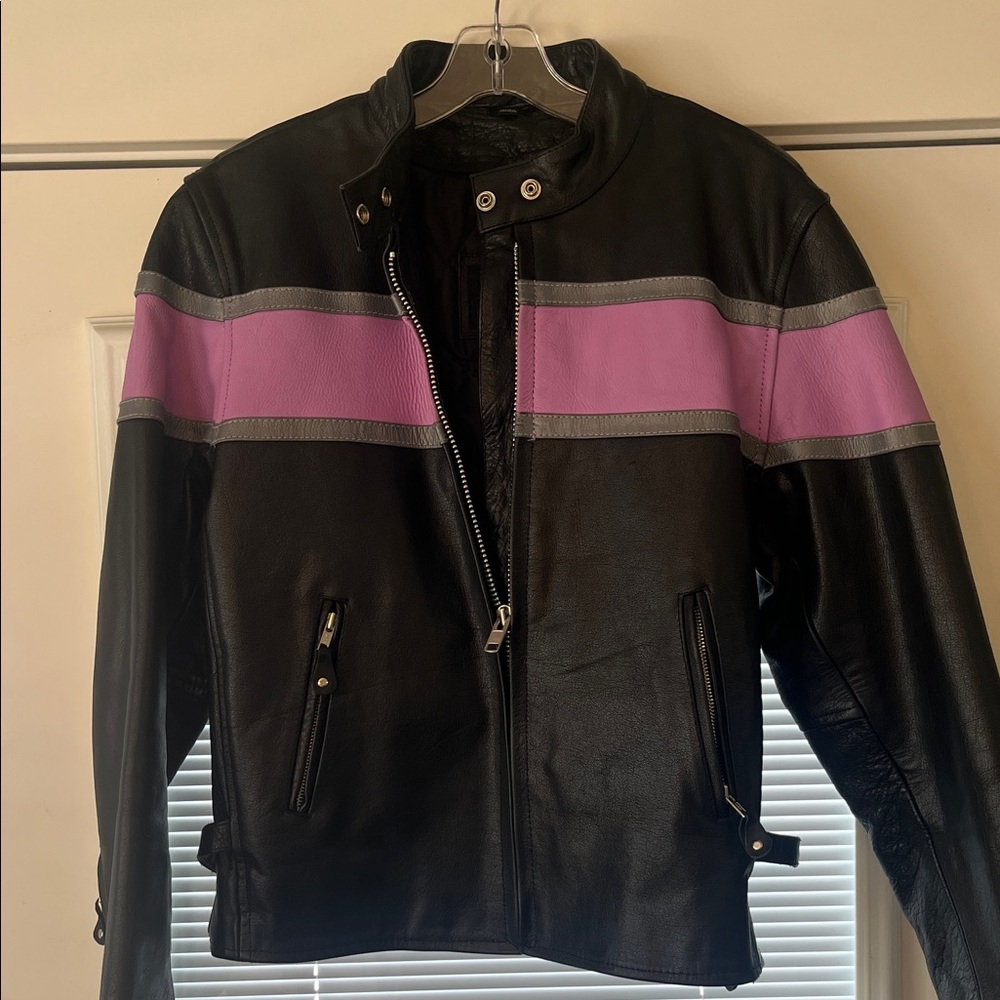 Black Leather Jacket with Purple Stripe